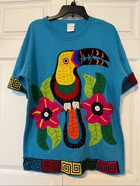 Bright Blue Tropical Toucan Applique Cotton Tee XL by Blue Jays